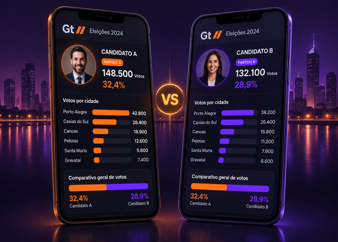 Comparação lado a lado entre dois candidatos com votos e gráficos em celulares
