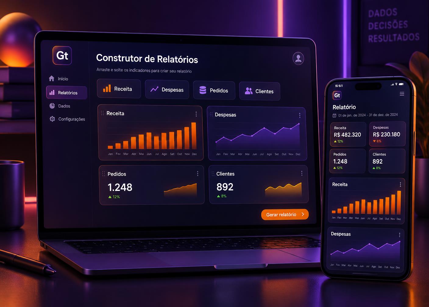 Construtor de relatórios personalizados em notebook e celular